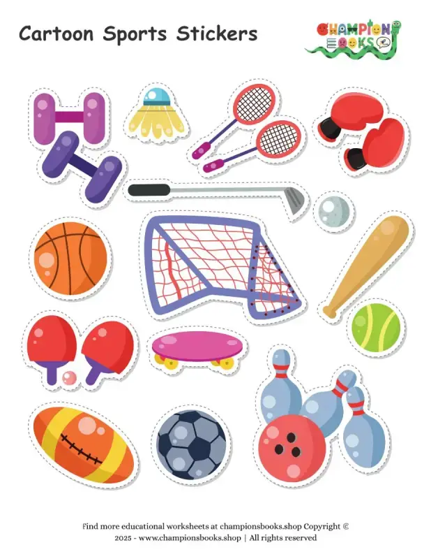 Sports Stickers for Kids – Printable Balls, Bats & Rackets Sheet