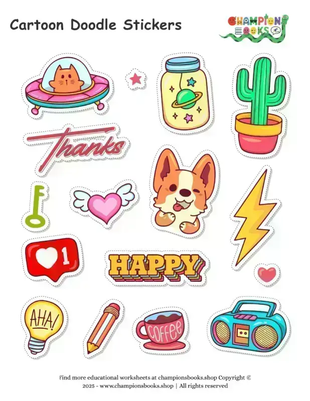 Doodle Stickers for Kids – Printable Cute Cartoon Doodle Sheet