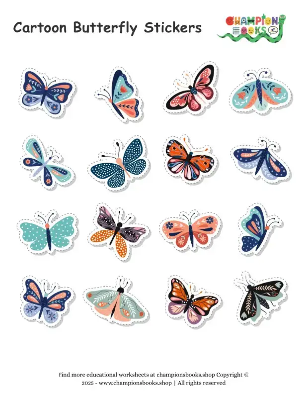 Butterfly Stickers for Kids – Printable Cartoon Butterfly Sheet
