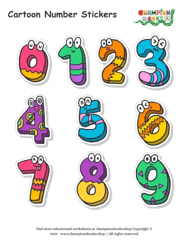 Printable Cartoon Number Stickers (0-9) for Kids Learning