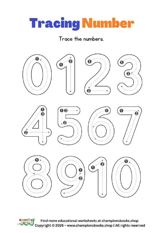 Tracing Numbers 0-10 worksheet for kindergarten students to practice writing numerals with directional arrows.