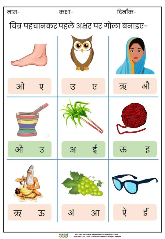 Learn Hindi Vowels: Picture & First Letter Match | Kindergarten