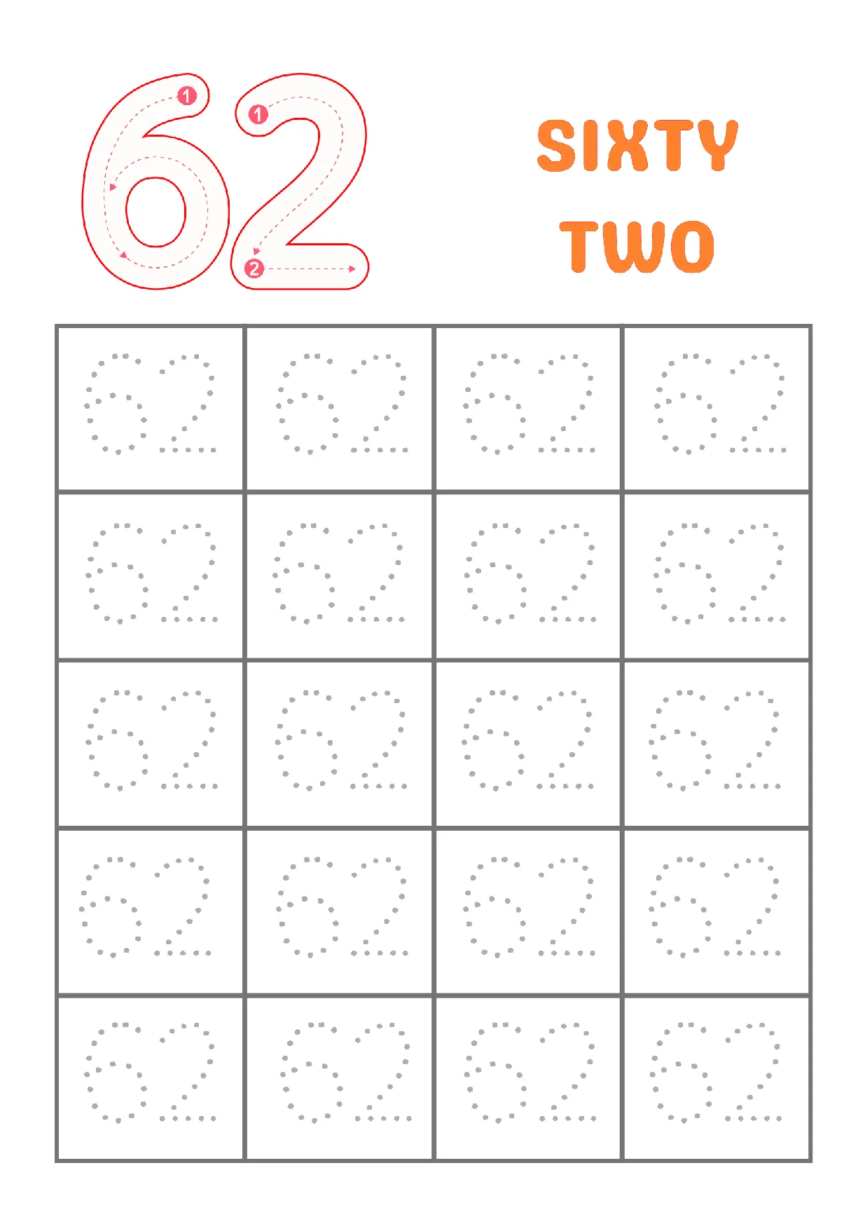 Trace Number 62 Worksheet: Fun Practice for Kids