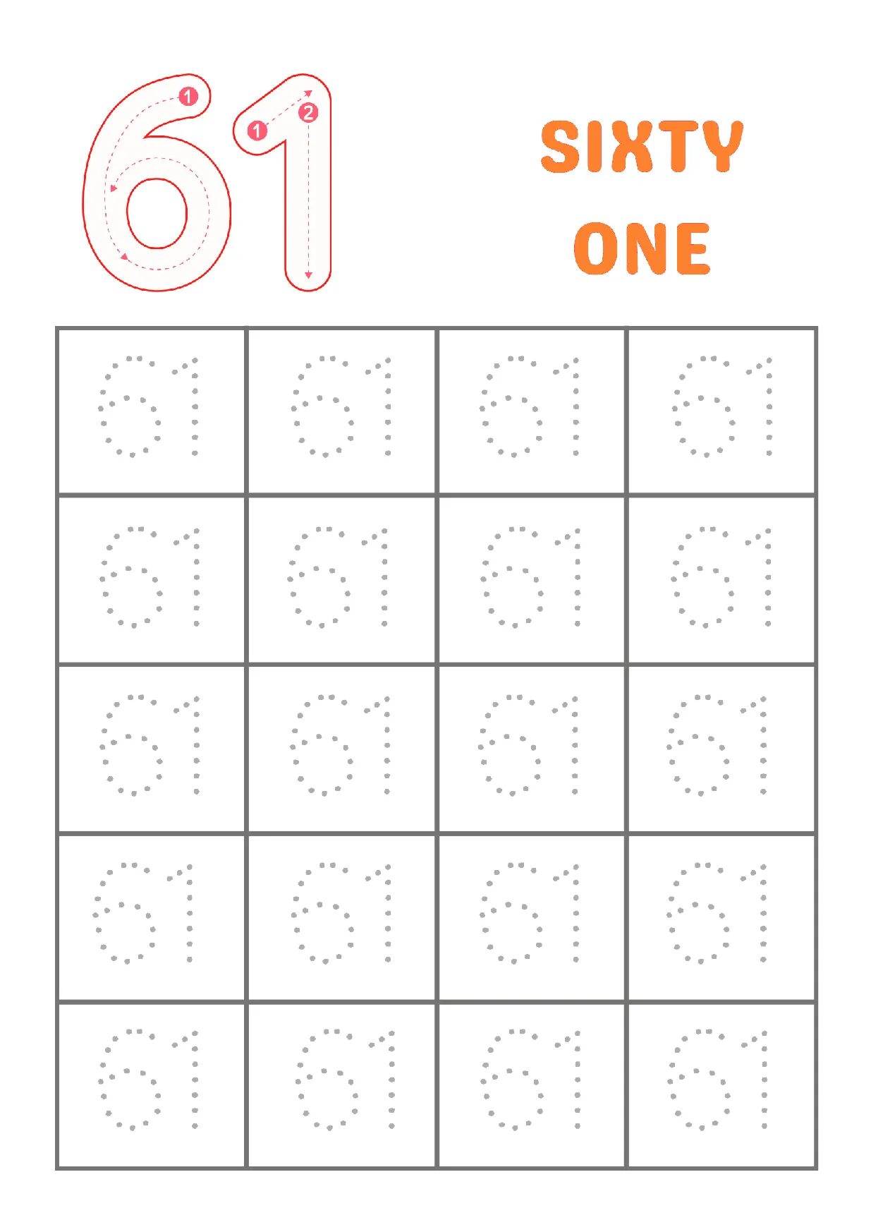 Tracing number 61 worksheet for Kindergarten math practice