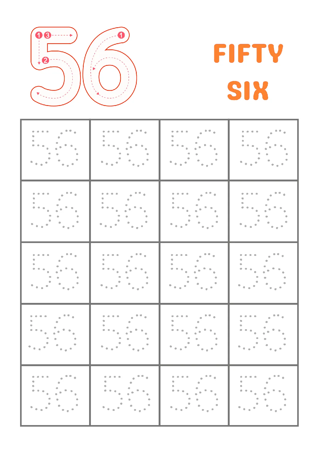 Number 56 tracing worksheet for kindergarten students to practice writing fifty-six.