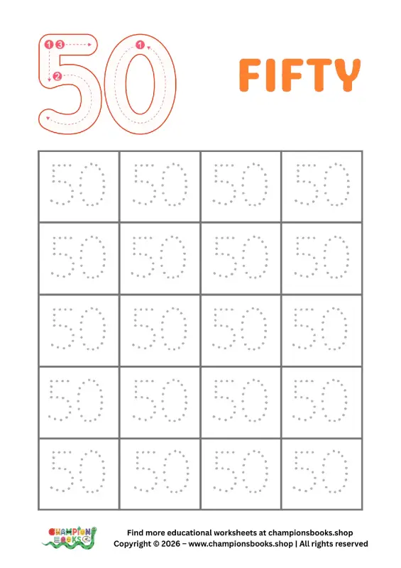 Kindergarten Number 50 tracing worksheet for children to practice writing fifty.