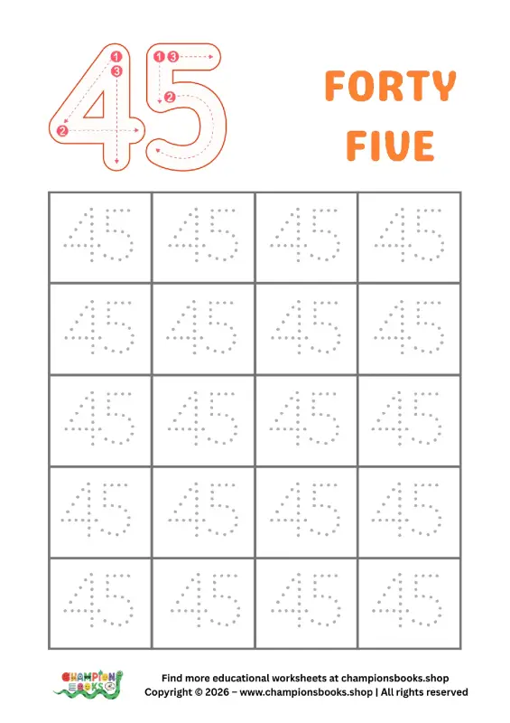 Trace Number 45 Worksheet | Fun Kindergarten Math Practice