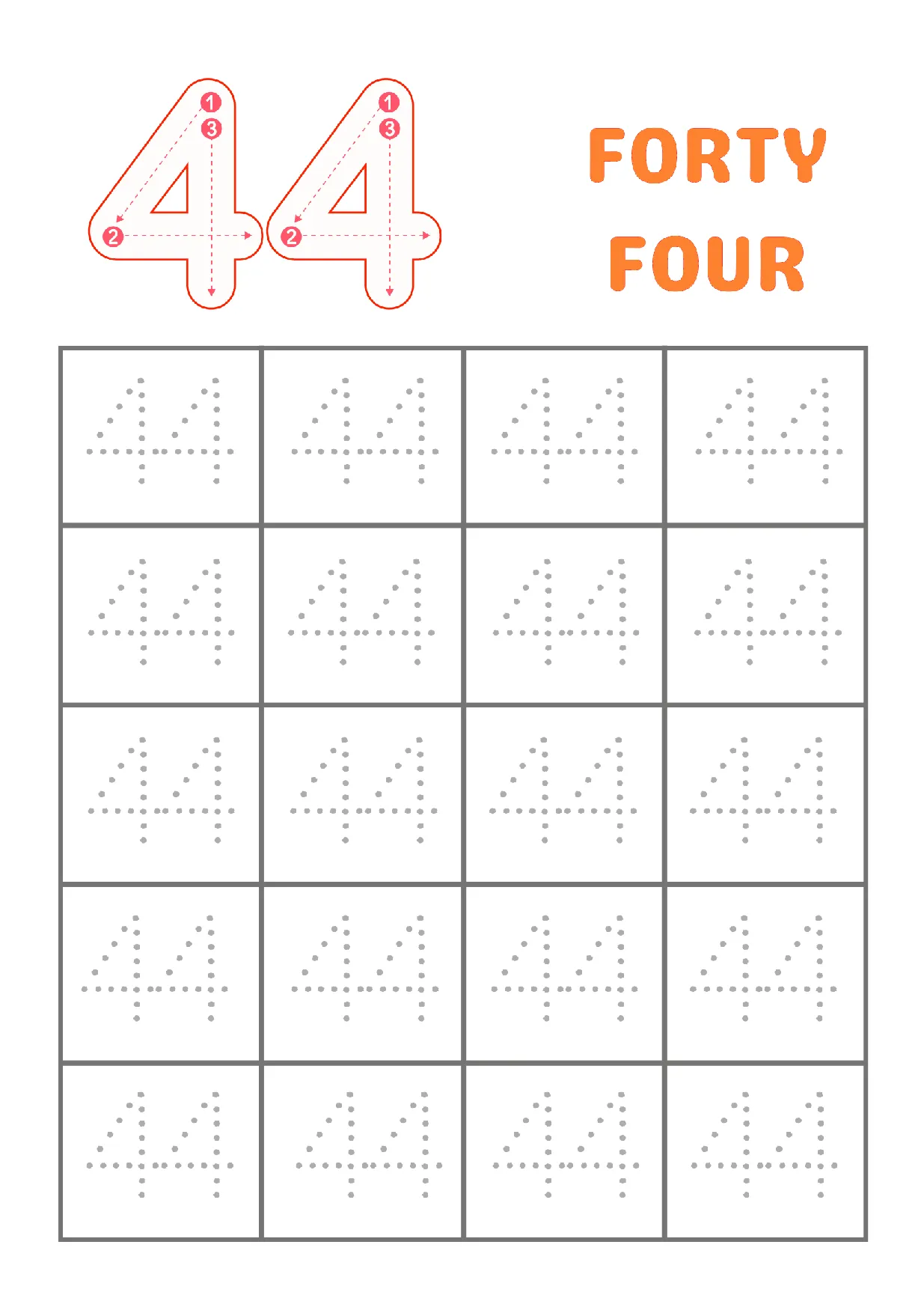 Number 44 tracing worksheet featuring dotted lines for kindergarten students to practice writing the number forty-four and improve fine motor skills.