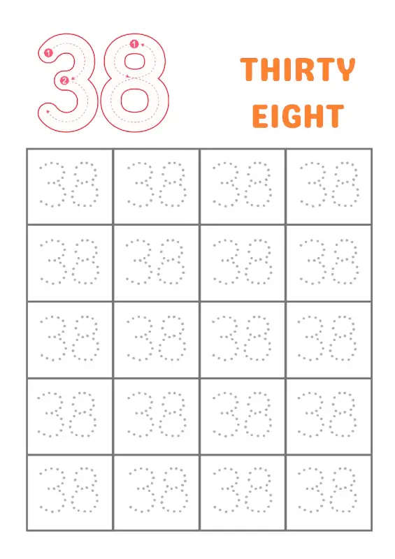 Kindergarten Number 38 tracing worksheet with dotted lines and stroke guides for learning to write thirty-eight.