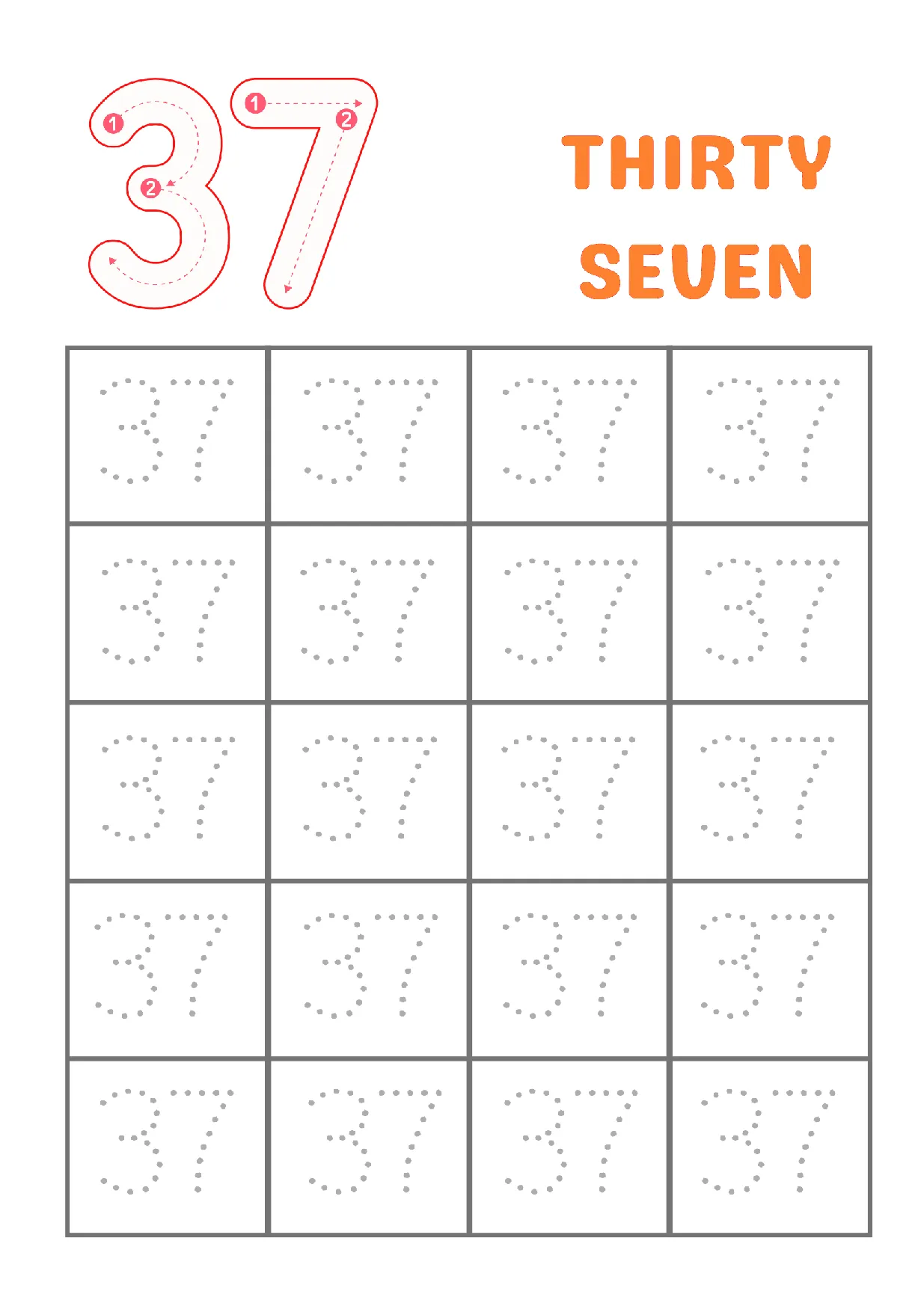 Trace Number 37 Worksheet | Kindergarten Math Practice