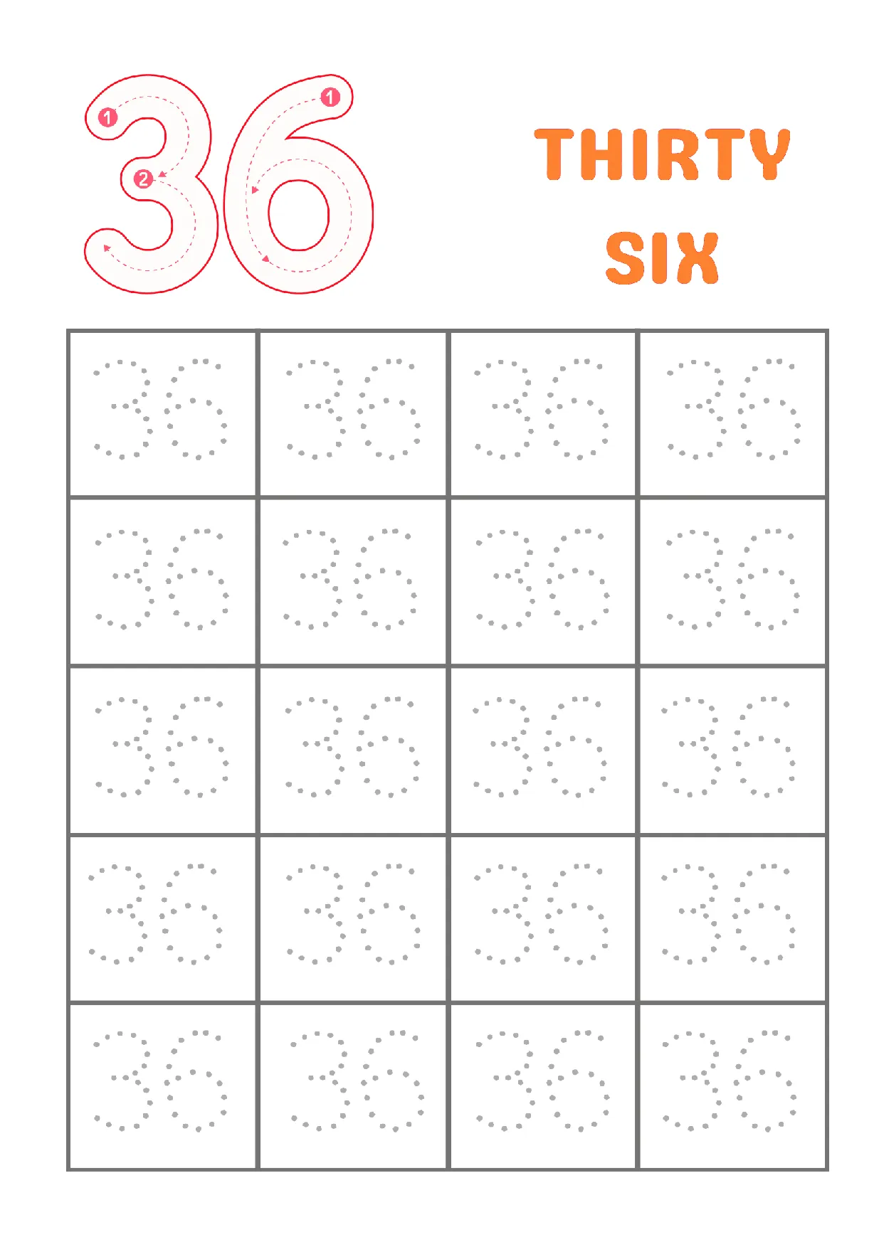 Trace number 36 worksheet for kindergarten students to practice writing the number thirty-six.