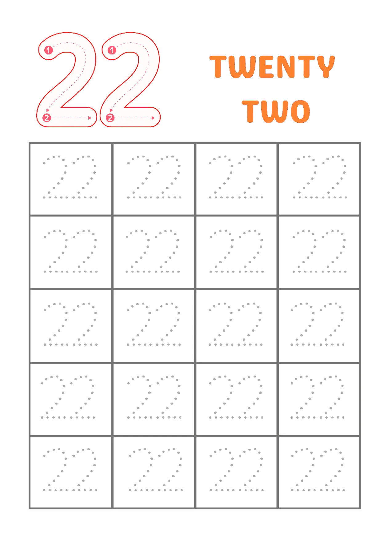 Trace Number 22 Worksheet for Kindergarten & Preschool