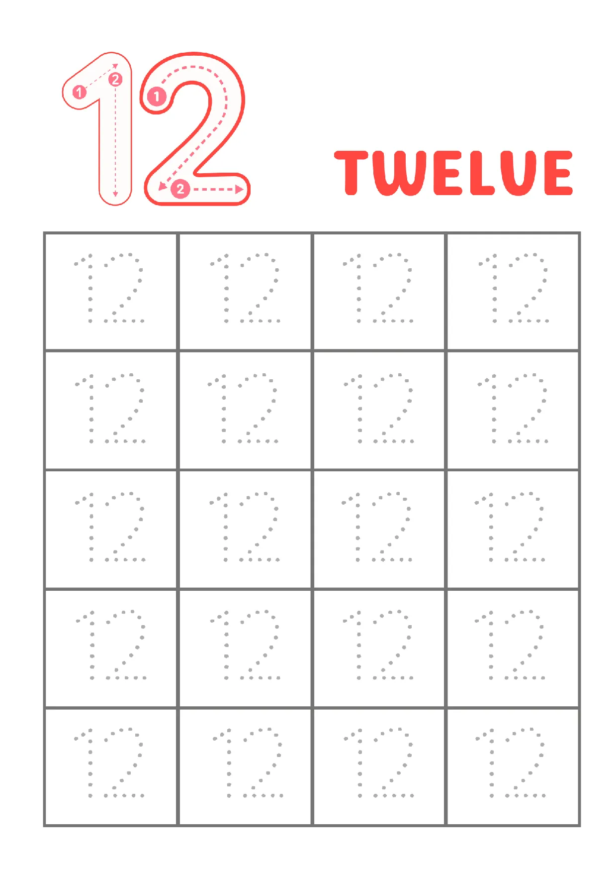 Trace Number 12 Worksheet for Kindergarten | Free Printable