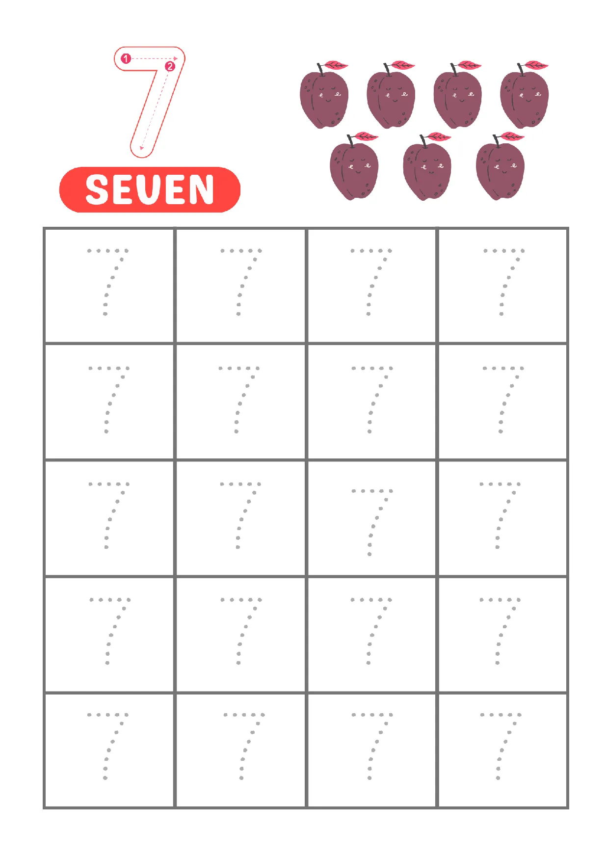 Trace Number 7 Worksheet | Fun Counting & Writing Practice