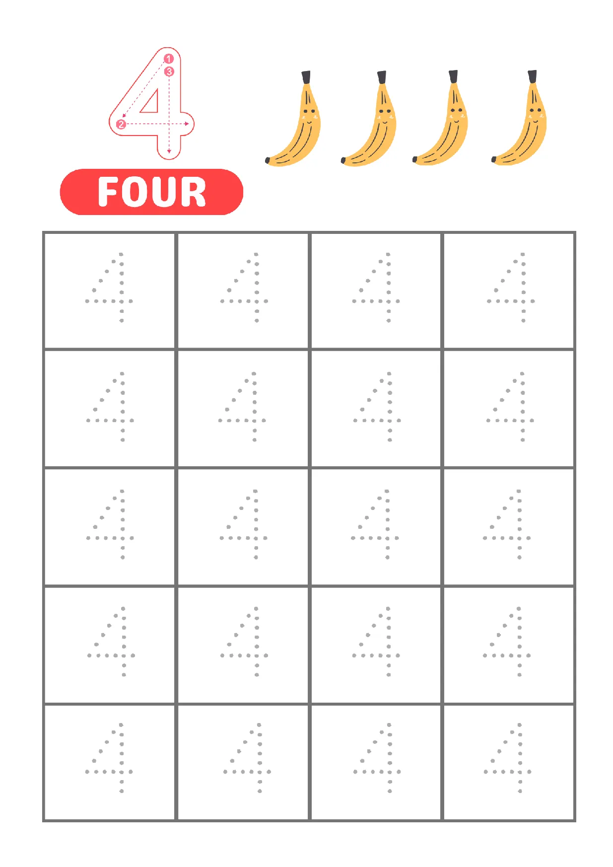 Trace Number 4 Worksheet for Kindergarten | Learn to Count