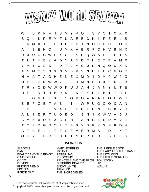 Fun Disney Word Search Puzzle for Kids | Free Printable