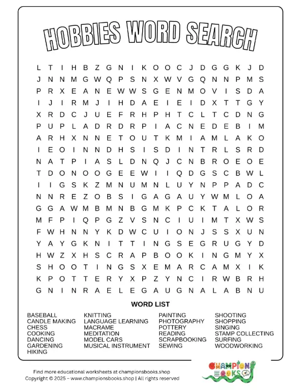 Engaging Hobbies Word Search Worksheet for Kids