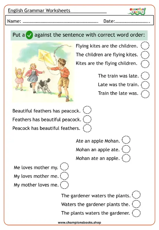 Grade 1 Sentence Order Worksheet | English Grammar Practice