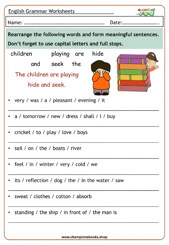 Grade 2 English grammar sentence rearrangement worksheet for building sentences from jumbled words.