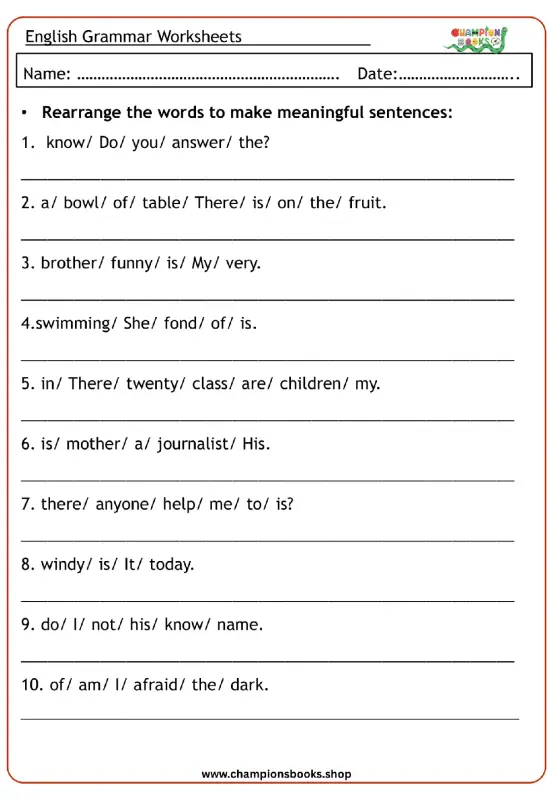 Rearrange Sentences Worksheet | Grade 2 English Grammar