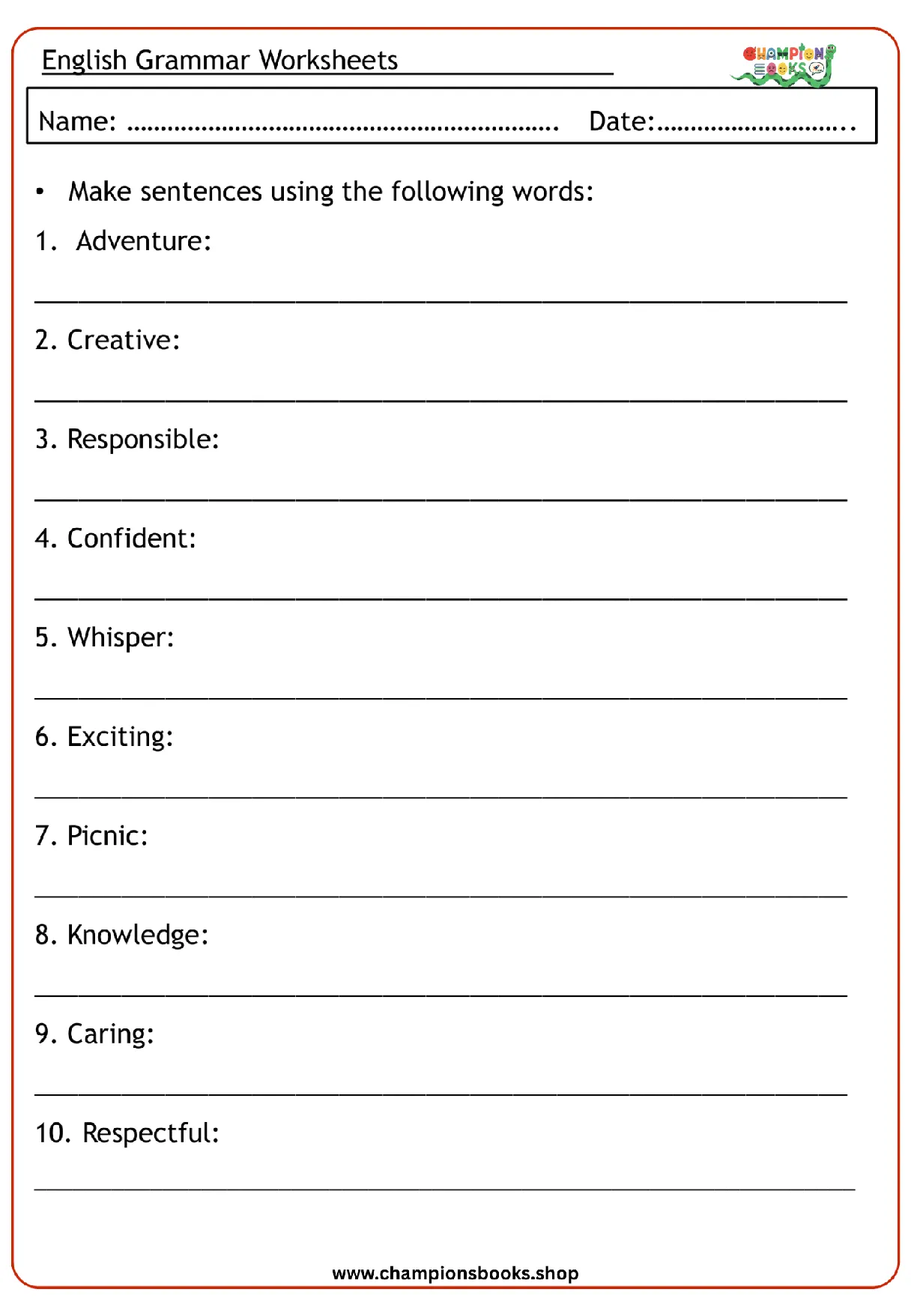 Grade 3 English grammar sentence writing worksheet for building vocabulary and construction skills