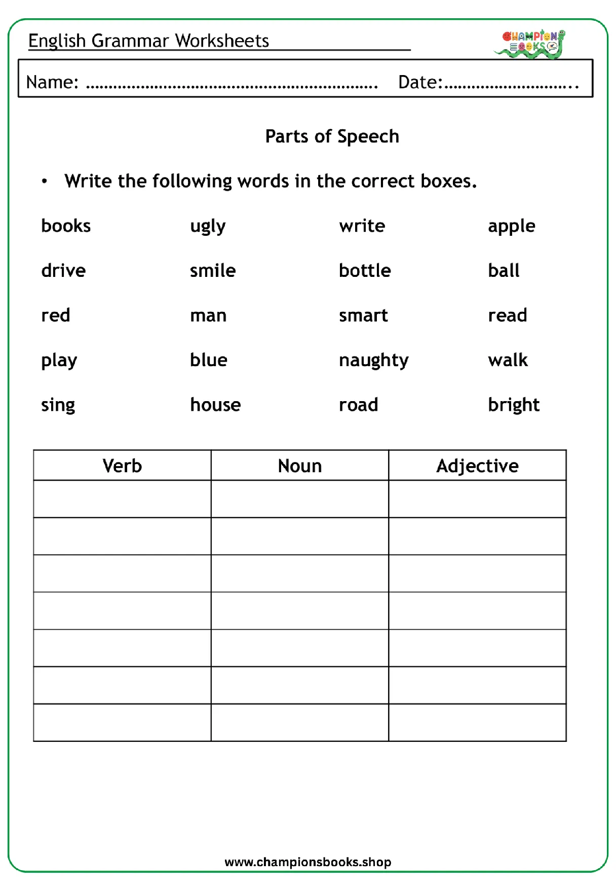 A Grade 2 Parts of Speech Worksheet for sorting words into verb, noun, and adjective categories.