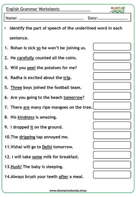 English grammar parts of speech worksheet for Grade 4 students