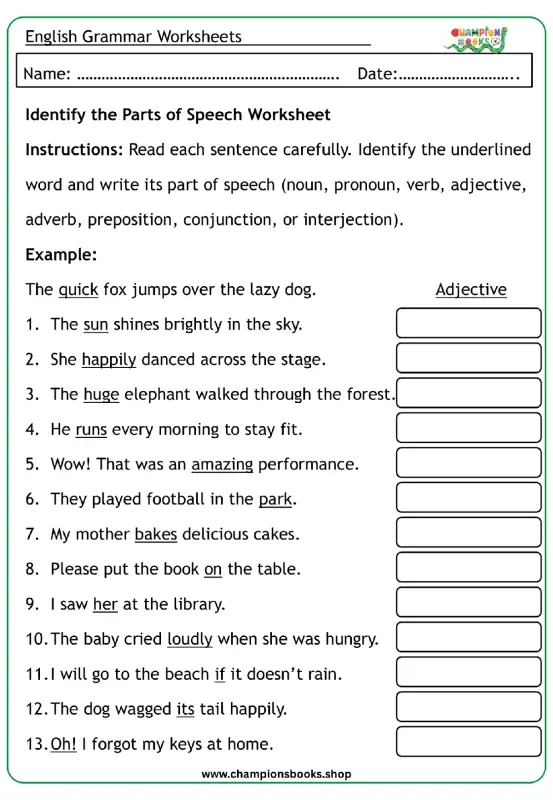 Identify Parts of Speech Worksheet - Grade 3 English Grammar