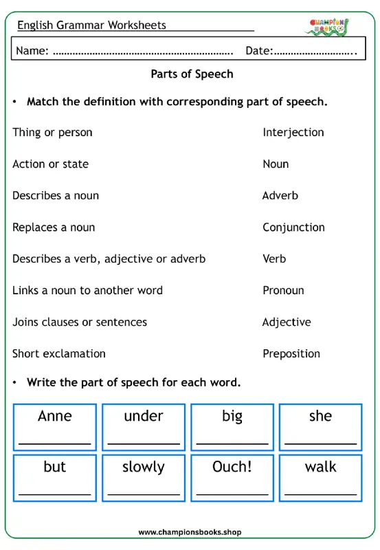 Master Parts of Speech: Grade 4 English Grammar Worksheet