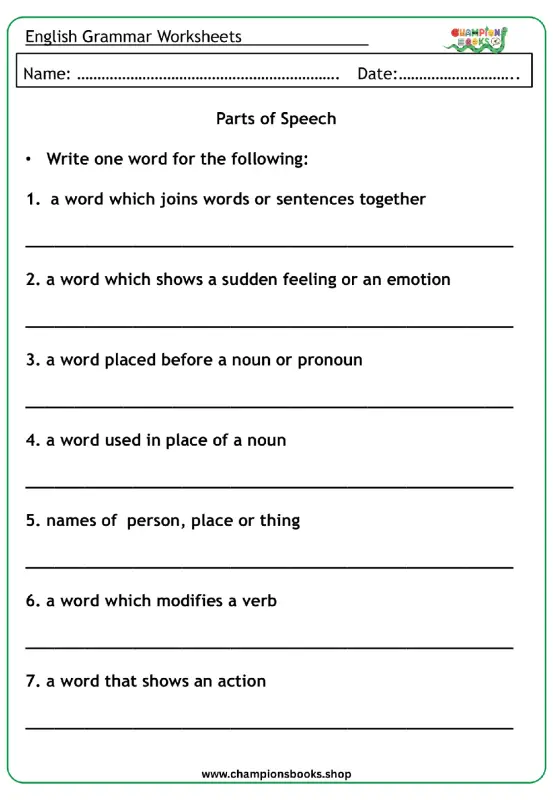 English grammar parts of speech worksheet defining various word types for practice.