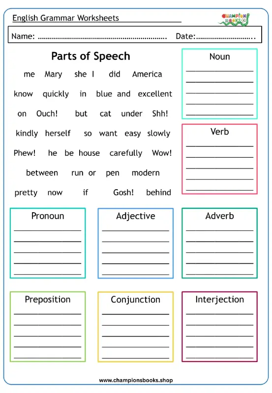 Master Parts of Speech: Fun Grammar Worksheet for Kids