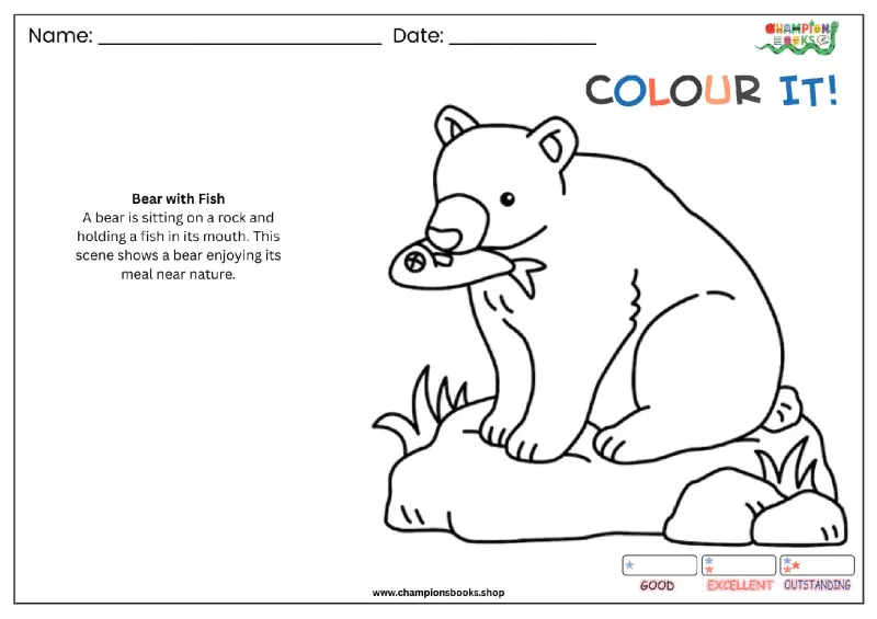 Bear with Fish Coloring Page | Fun Animal Activity for Kids