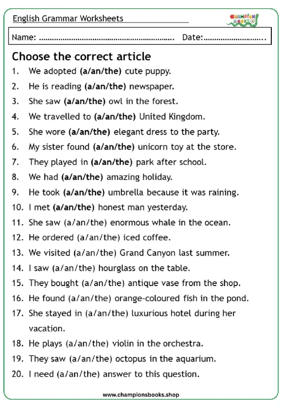 Master Articles: A, An, The Worksheet for Grade 4 Grammar