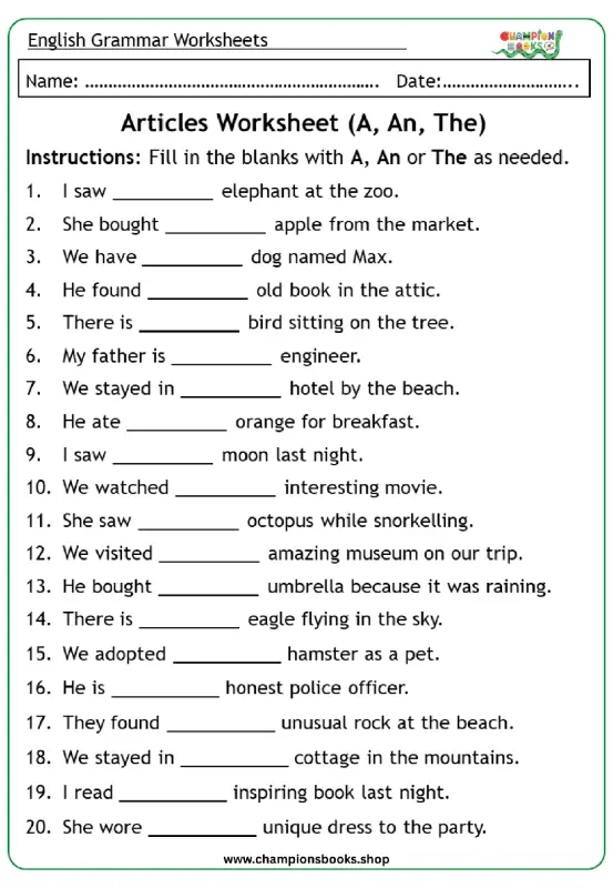 Master A, An, The: Articles Worksheet for Grade 2 Grammar