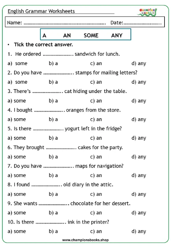 A, An, Some, Any Worksheet for Grade 1 Grammar Practice