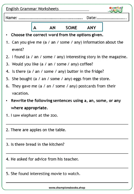 A, An, Some, Any Grammar Worksheet with Exercises