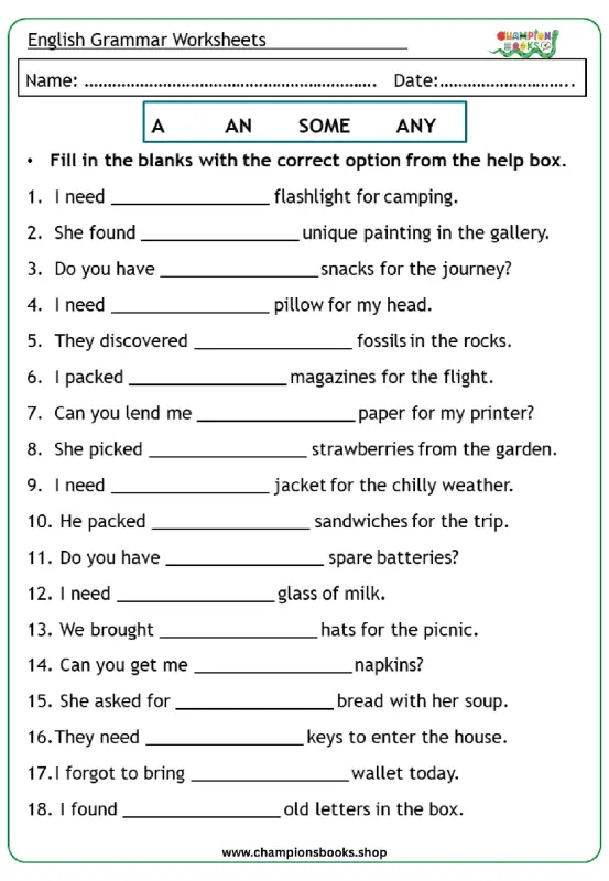 Master A, An, Some, Any: Grade 3 Grammar Worksheet | Free PDF