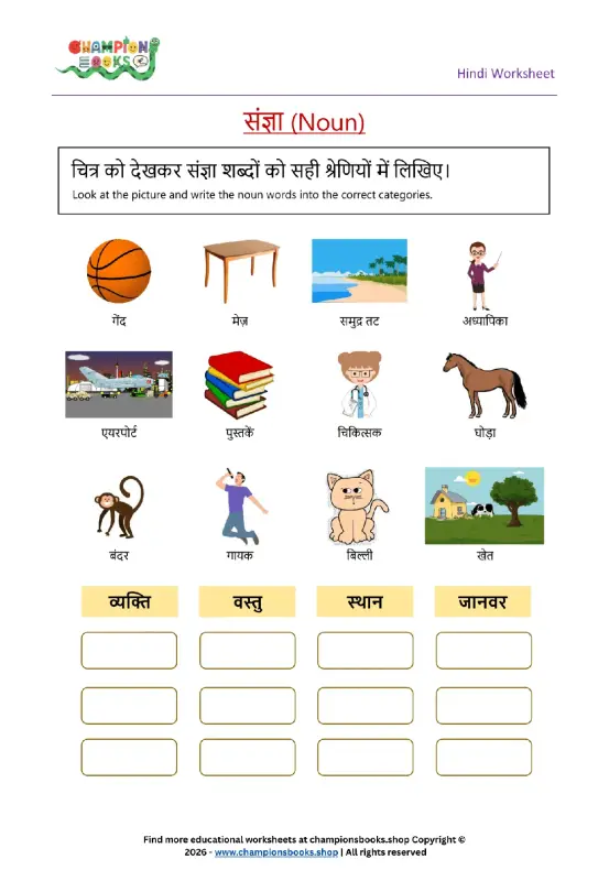 Grade 1 Hindi Nouns Worksheet: Identify & Categorize संज्ञा