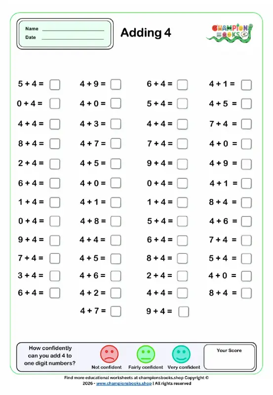 Adding 4 Worksheet for Grade 1 Math Practice | Learn to Add