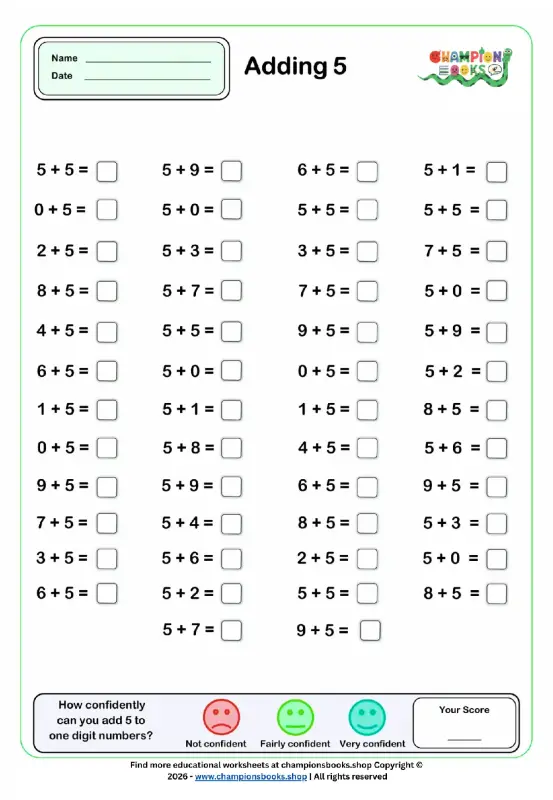 Master Adding 5 | Grade 1 Math Worksheet for Kids