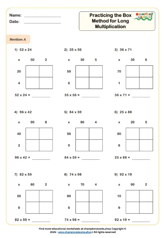 Box Method Multiplication Worksheet | Grade 4 Area Model Practice