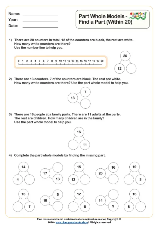 Grade 1 Part Whole Models: Find the Missing Part (Within 20)