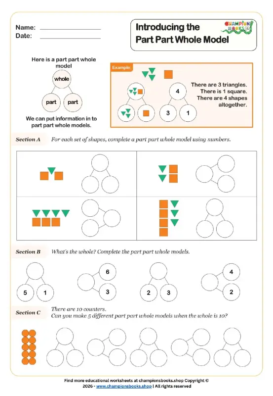Master Part Part Whole Models | Grade 1 Math Worksheet