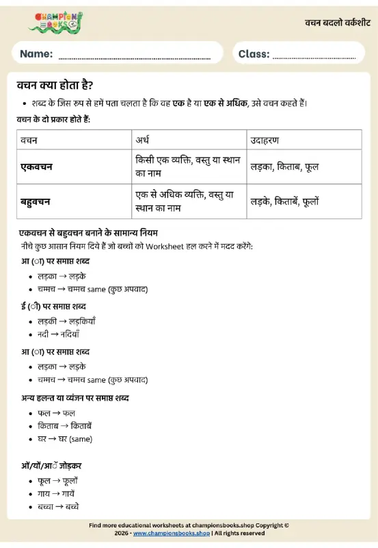 वचन बदलो वर्कशीट | सीखें एकवचन-बहुवचन नियम