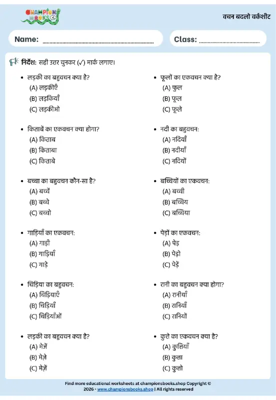 Hindi Vachan Badlo Worksheet for Grade 3 – Multiple Choice