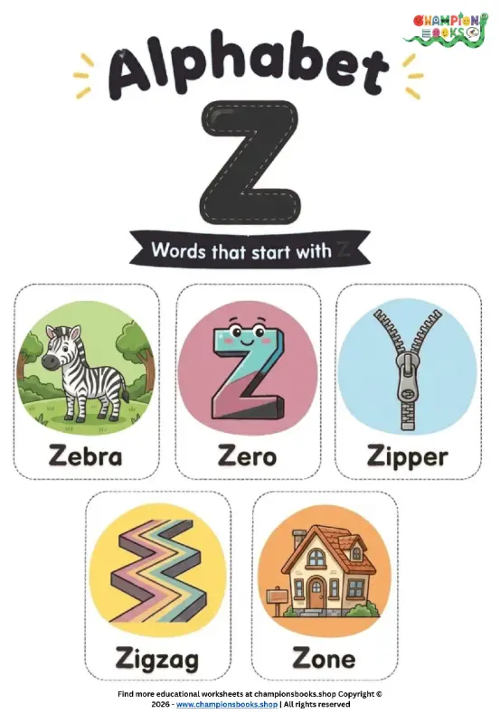 Alphabet Letter Z Worksheet | Fun Words & Pictures for Kids