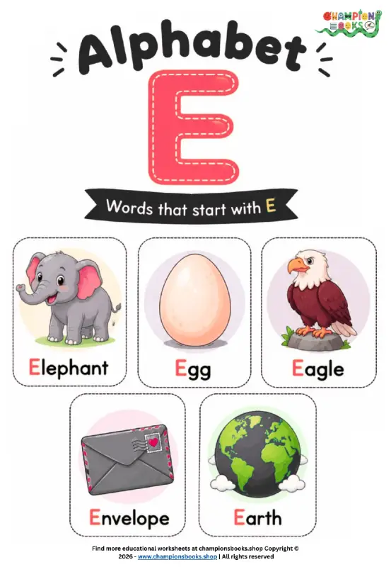 Alphabet E worksheet featuring words like Elephant, Egg, Eagle, Envelope, and Earth for Kindergarten kids.
