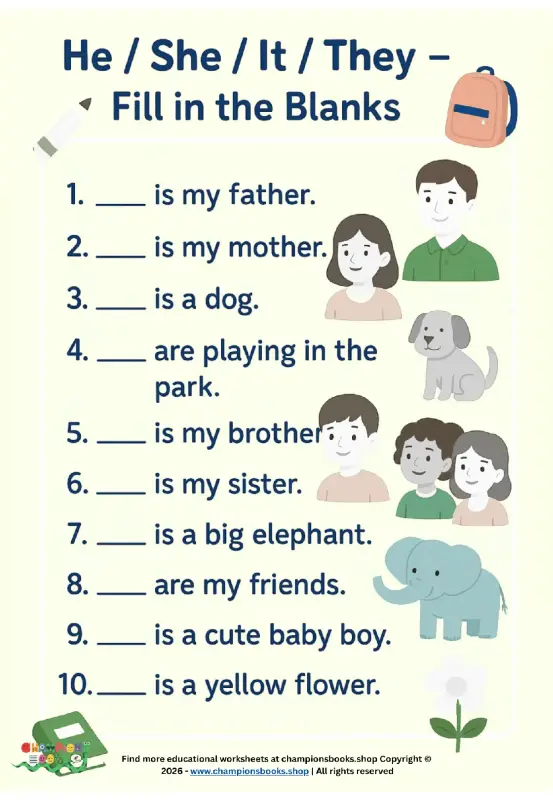 He She It They Pronouns Worksheet for Grade 1 | Fill Blanks