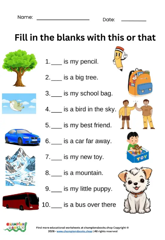 This or That Worksheet for Grade 1 | Demonstrative Pronouns