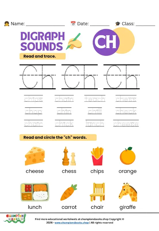 Digraph CH Sound Worksheet: Trace & Identify Words (Grade 1)